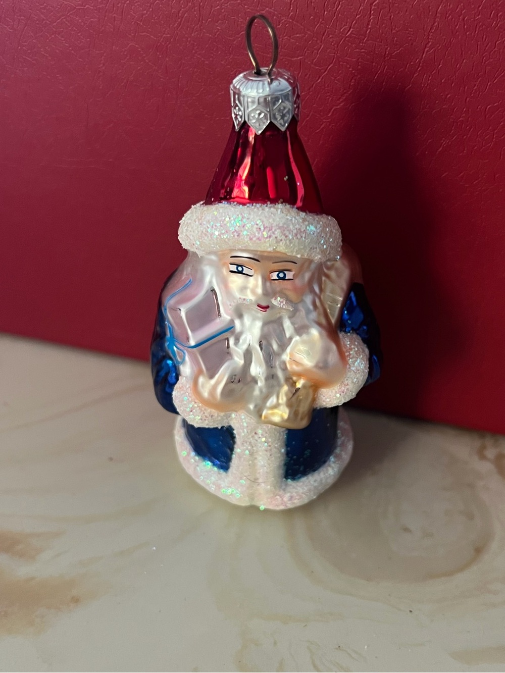 Christopher Radko Red and Blue Santa Glass Ornament